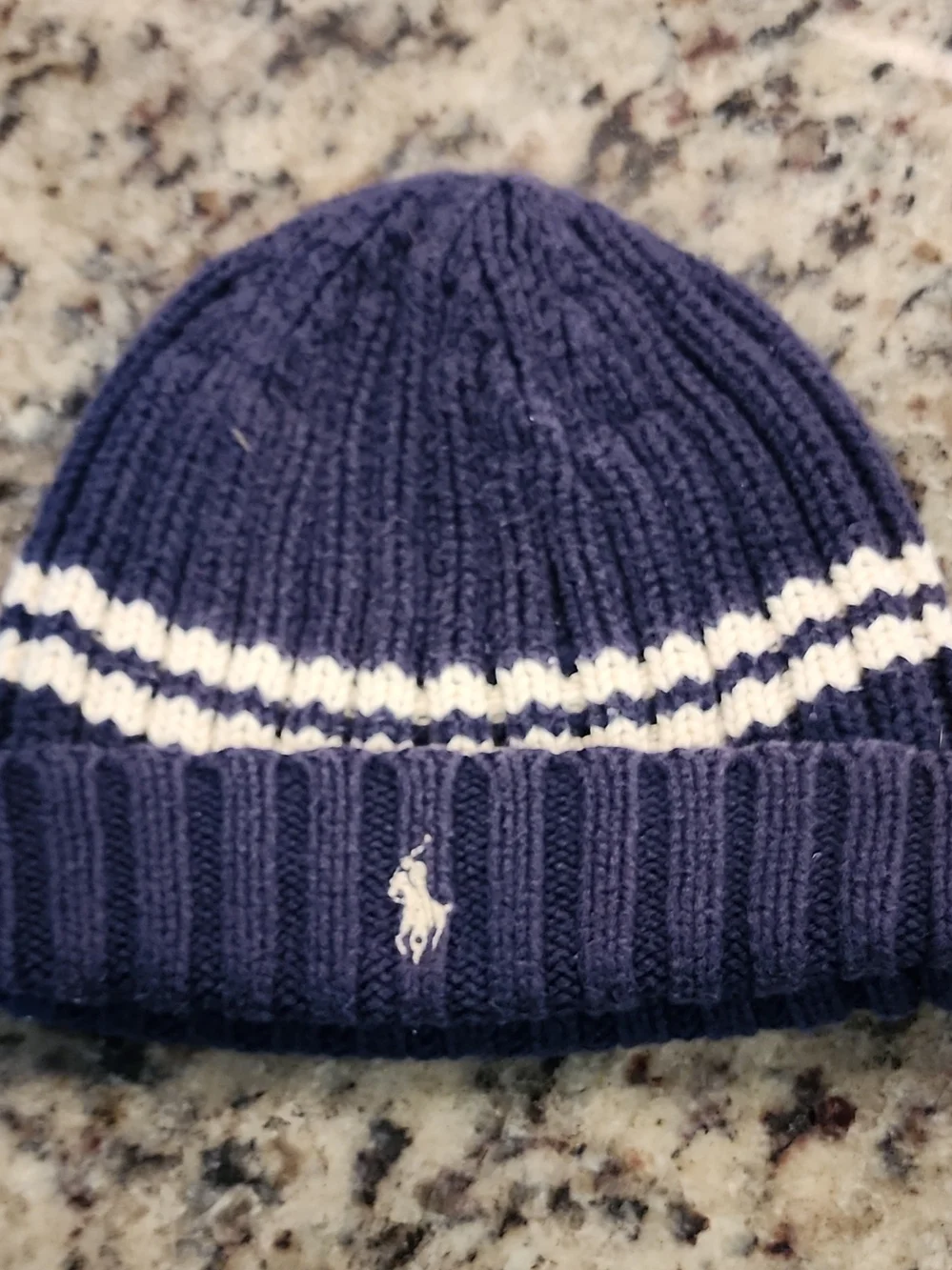 Ralph Lauren Navy and White Knit Beanie Vintage Y2k